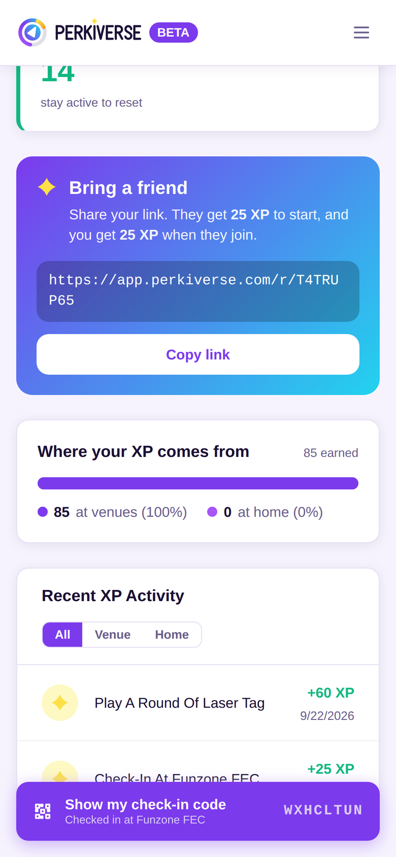The Perkiverse activity history showing XP earned in venues and in the in-app arcade.