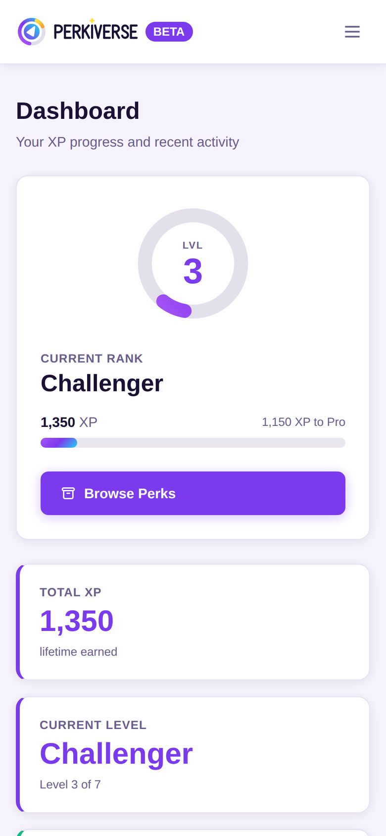 The Perkiverse app showing a guest's XP ring, level and the attractions they have played today.