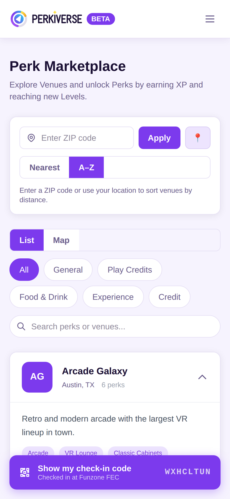 Participating Perkiverse venues nearby, with every perk on each venue's ladder.